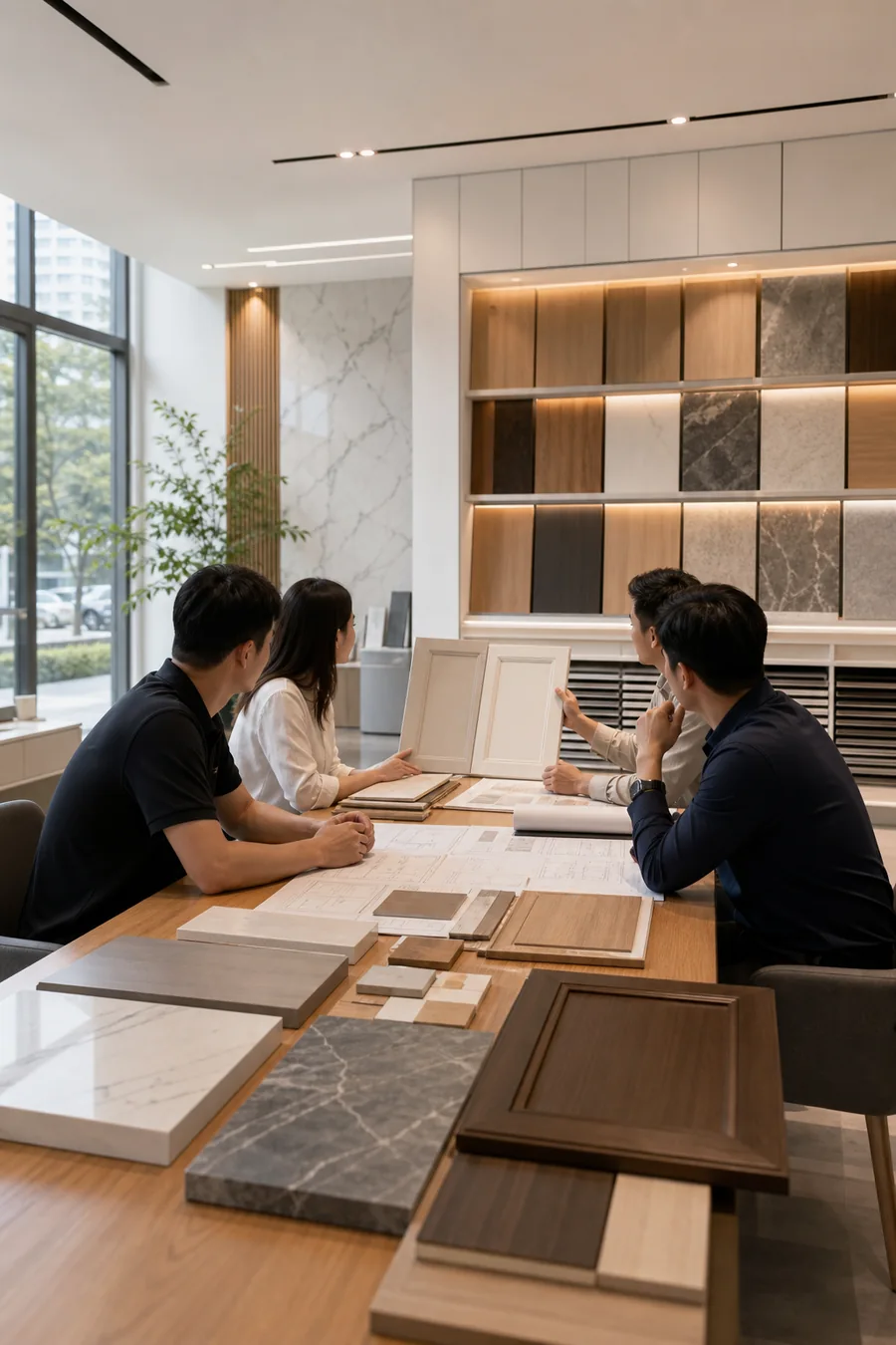 Project team reviewing custom building material samples in a showroom