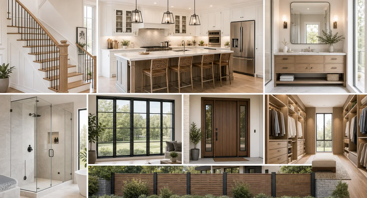 Collage of Gajune custom residential building material categories including stairs, cabinets, windows, doors, closets, showers, and fences
